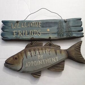 Vintage ? Ohio Wholesale Wall Hanging 2 Tiered Fish Welcome Cabin Rustic Sign
